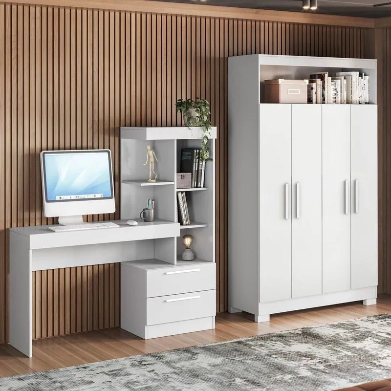 Conjunto 2 Peças Com Mesa Escrivaninha E Armário 4 Portas Com Nicho Branco Branco