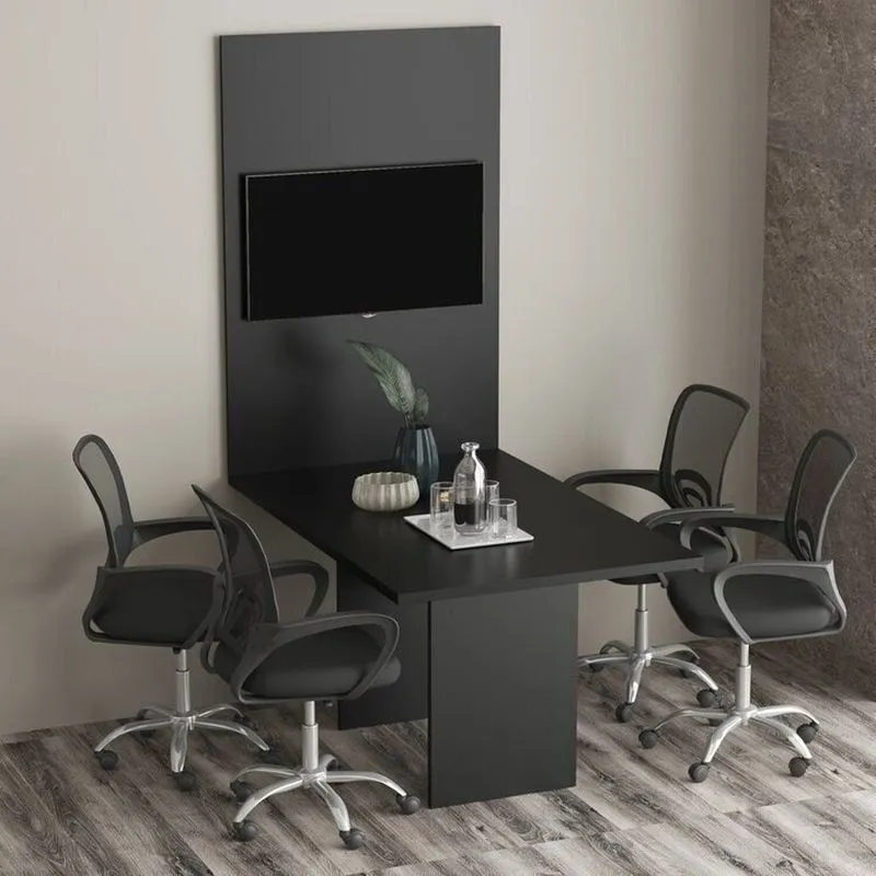 Kit Com Mesa Para Reunião 4 Lugares E Painel Para Tv Até 32 Polegadas Preto Preto