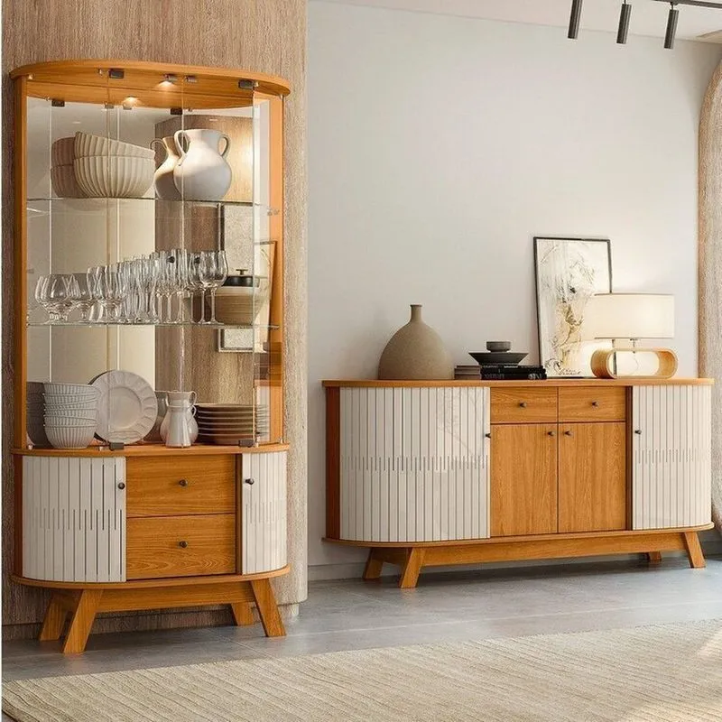 Conjunto Buffet Mônaco Cristaleira Moss Com Porta Em Mdf Curvo Em Led Cinamomo/off White Cinamomo/off White