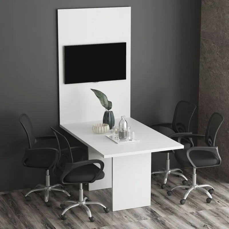 Kit Com Mesa Para Reunião 4 Lugares E Painel Para Tv Até 32 Polegadas Branco Branco