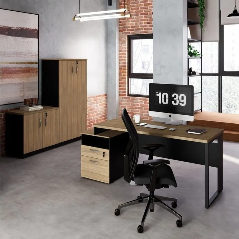 Conjunto Para Escritório Com Mesa Diretor, 1 Armário Alto E 1 Baixo Espresso Móveis Macadâmia Preto Marrom Macadâmia/preto