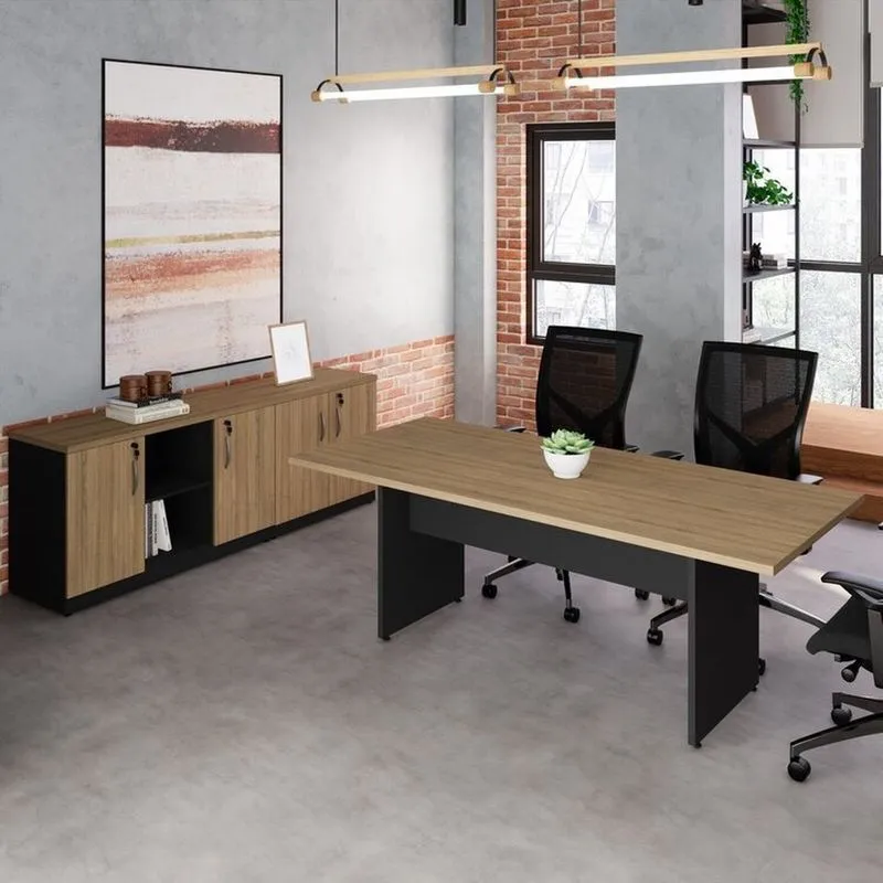 Conjunto Escritório Com Mesa De Reunião 6 Lugares E 2 Armários Baixos Com Chave Espresso Móveis Macadâmia Preto Marrom Macadâmia/preto