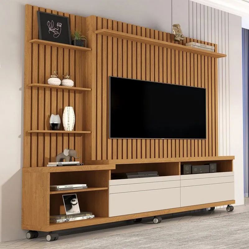 Estante E Home Theater Ripado Para Tv Até 60 Polegadas Mdf 180cmx190cm Rodízios Nobre Marrom Nature/off White Nature / Off White
