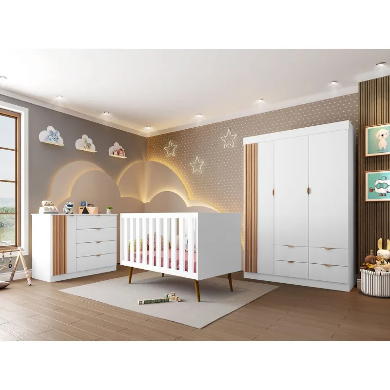 Quarto de Bebê Completo 3 Peças com Berço, Guarda-Roupa e Cômoda 100% MDF Ayla Branco Branco