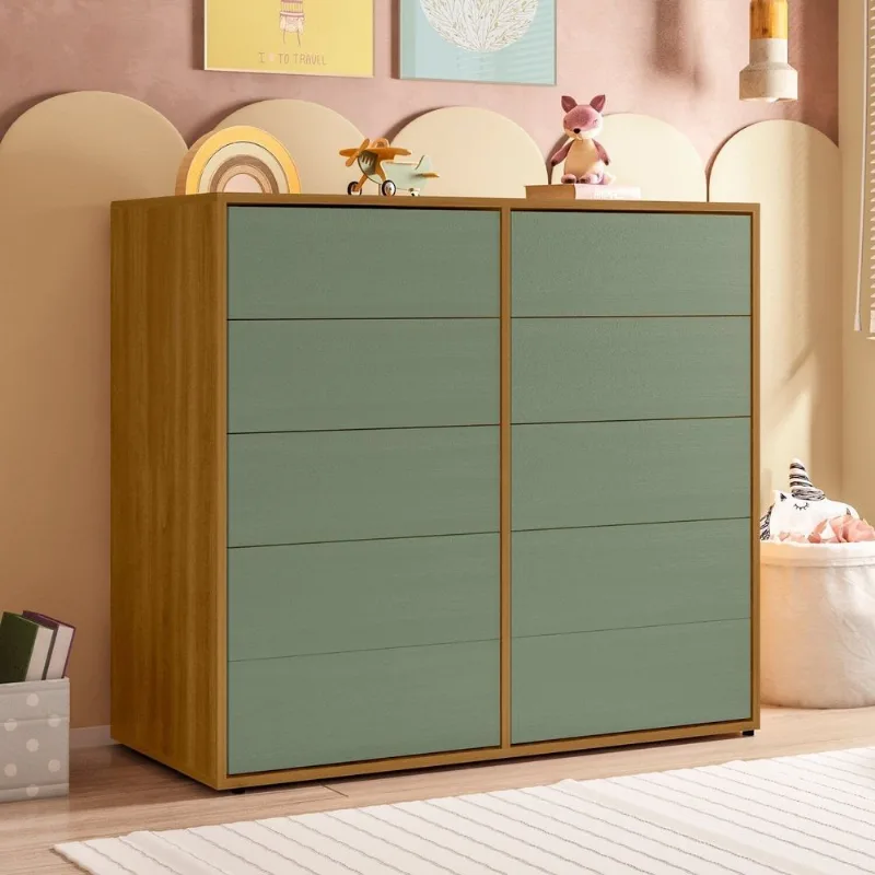 Cômoda para Quarto Infantil 10 Gavetas Melinda Marrom/Freijó/Verde Freijó / Verde