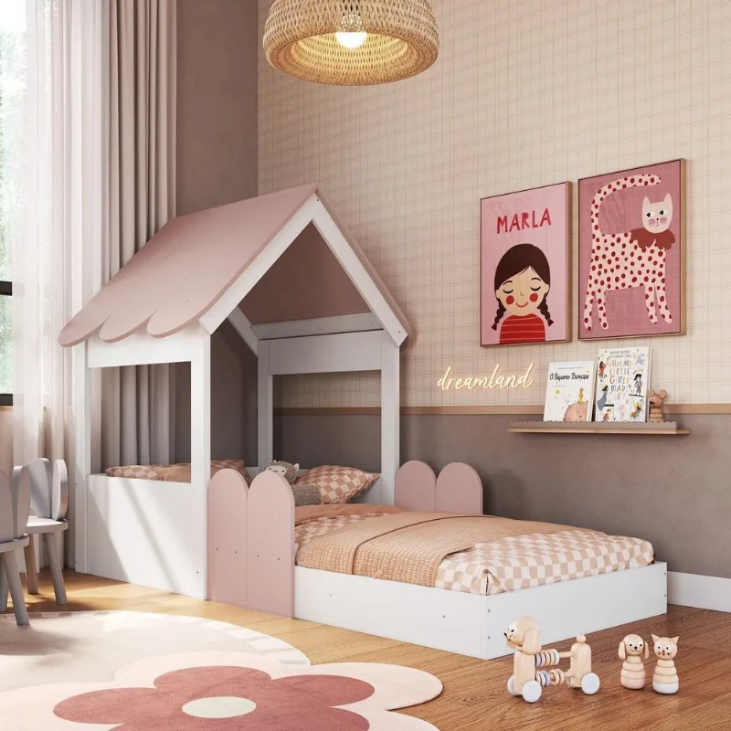 Cama Infantil Montessoriana com Casinha Infanto Branco/Rosa Milkshake Branco/Rosa Milkshake