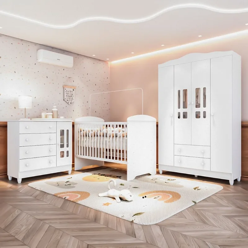 Quarto Bebê Completo Berço 3EM1 Eloá Guarda Roupa 4 Portas Cômoda 4 Gavetas 1 Porta MDF Branco Branco