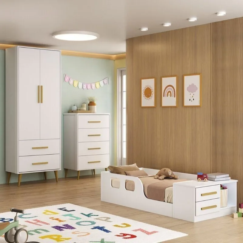 Quarto Infantil Completo Guarda-Roupa 2 Portas 2 Gavetas com Cômoda e Cama Magia Espresso Móveis B Branco
