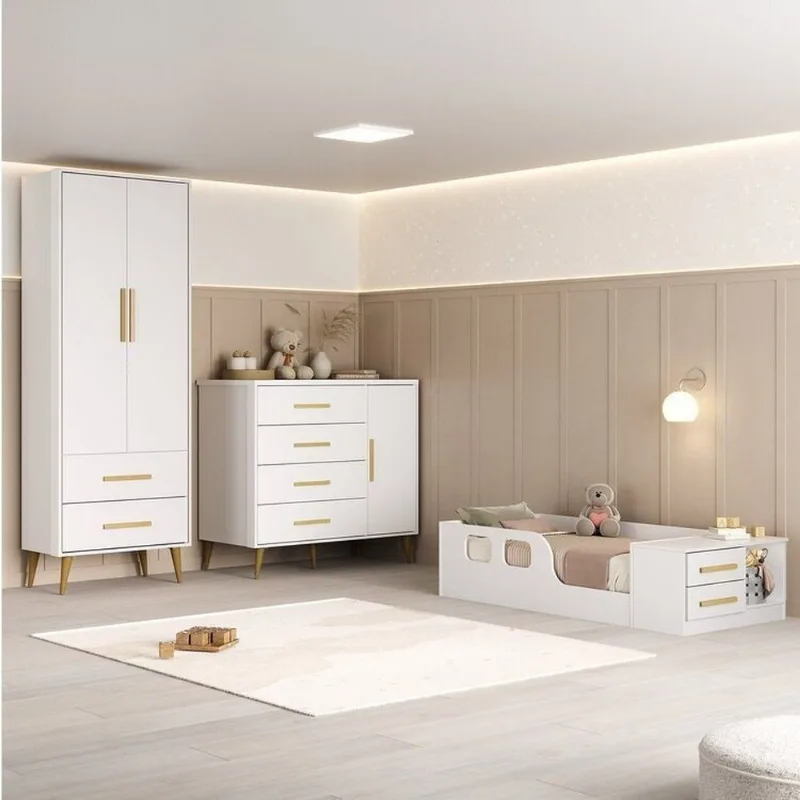 Quarto Infantil com Guarda-Roupa 2 Portas 2 Gavetas com Cômoda e Cama Magia Espresso Móveis Branco Branco