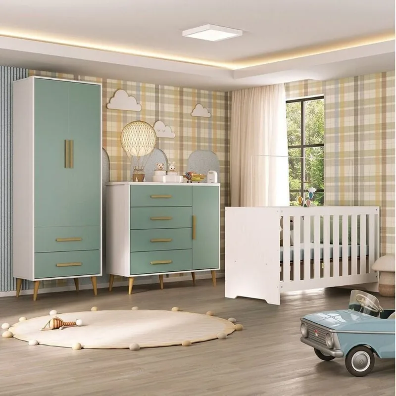 Quarto Infantil com Guarda-Roupa 2 Portas 2 Gavetas com Cômoda e Berço Magia Espresso Móveis Verd Branco/Verde
