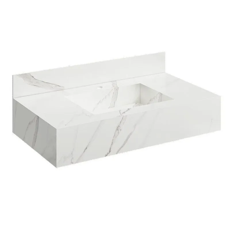 Bancada Em Porcelanato Para Banheiro Completa Alto Padrão 100cm X 15cm Com Cuba Esculpida Lisboa Branco