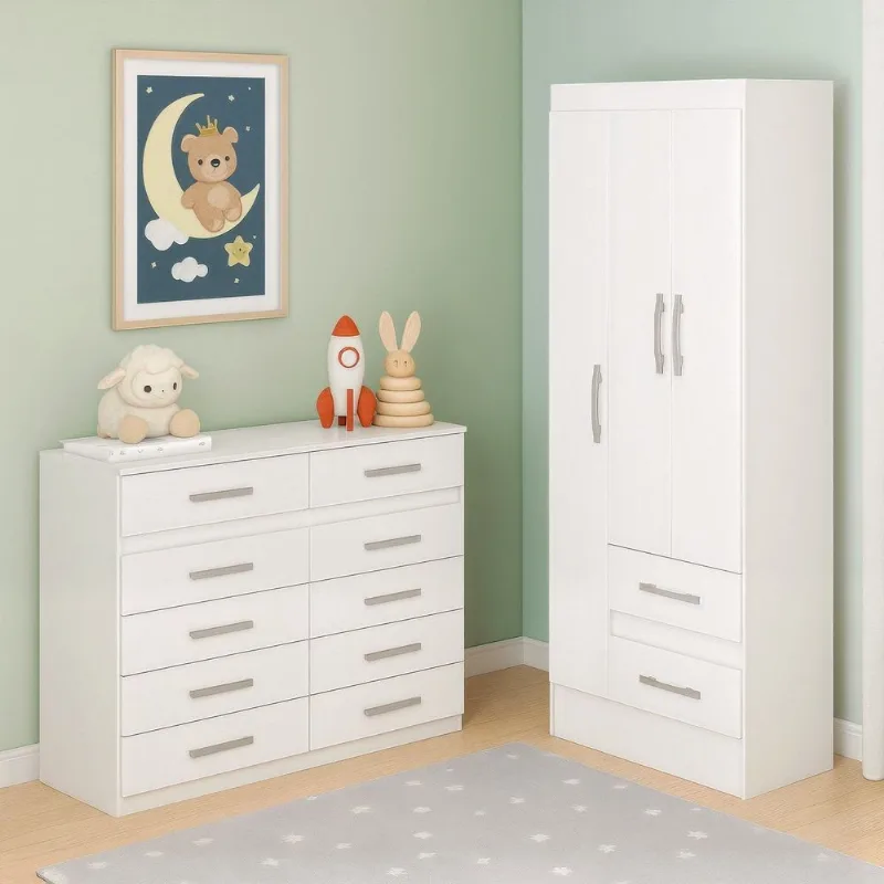 Quarto Infantil com Cômoda 10 Gavetas e Guarda-Roupa 3 Portas e 2 Gavetas Ninho Branco Branco