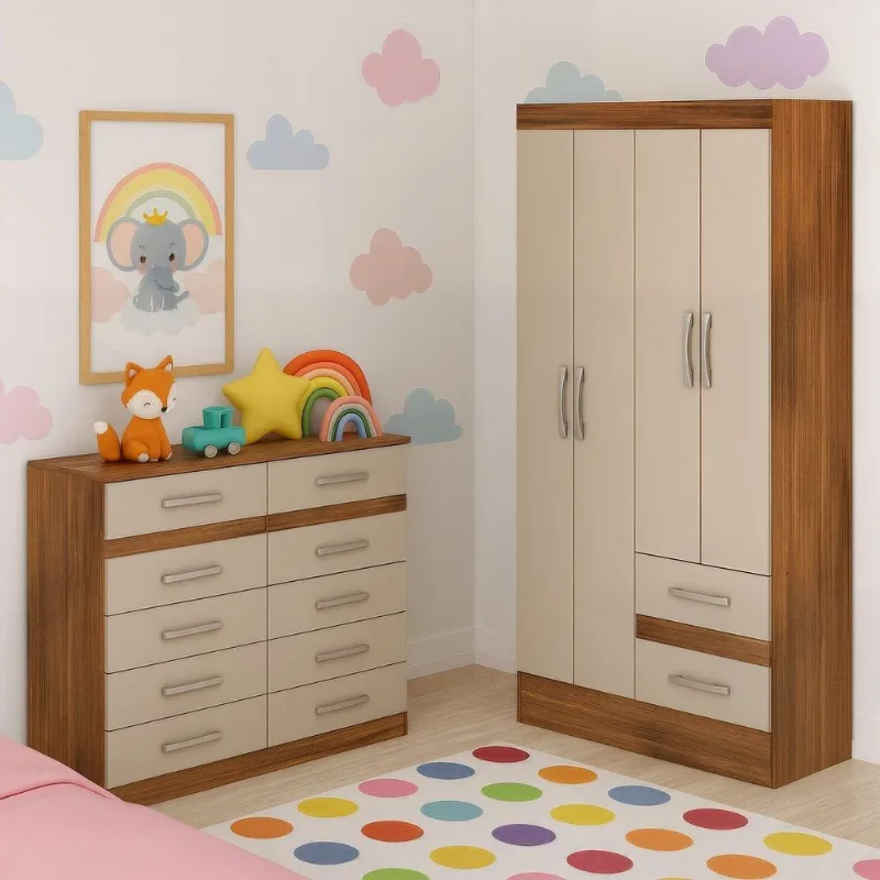 Quarto Infantil com Cômoda 10 Gavetas e Guarda-Roupa 4 Portas e 2 Gavetas Ninho Marrom/Castanho/Off Castanho/Off White