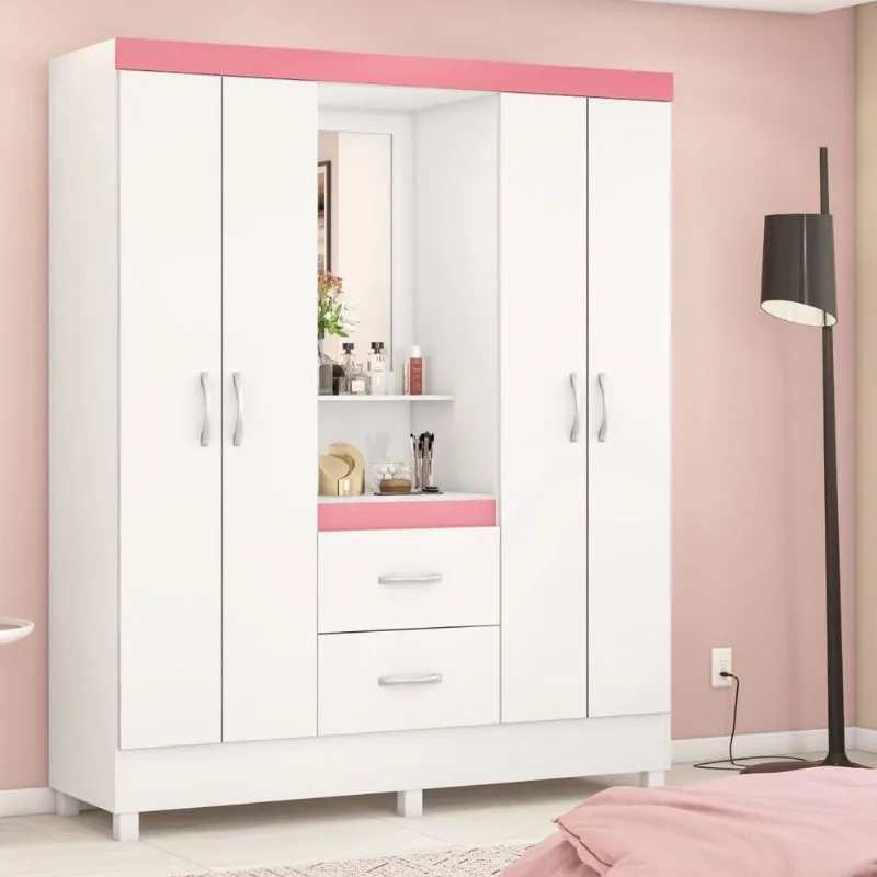 Guarda-Roupa Infantil 4 Portas Capela Encanto Branco/Rosa Branco/Rosa