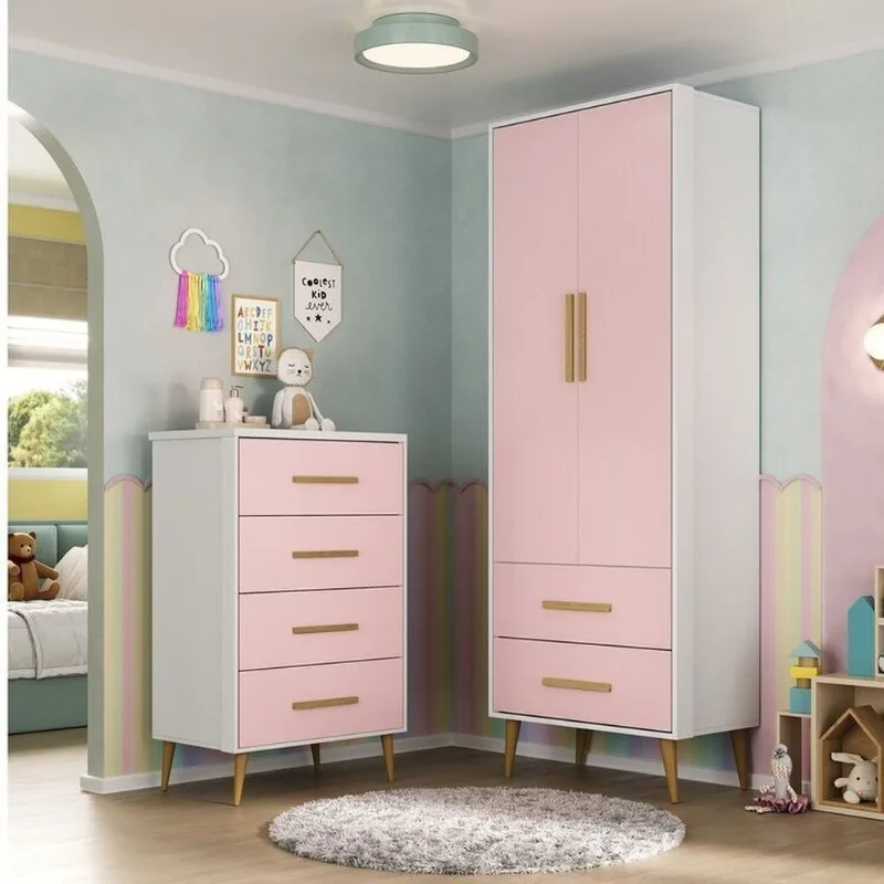 Quarto Infantil Completo com Guarda-Roupa e Cômoda Magia Espresso Móveis Rosa/Branco Branco/Rosa