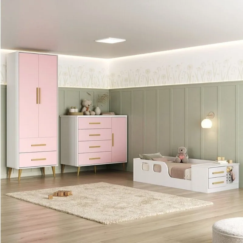 Quarto Infantil com Guarda-Roupa, Cômoda e Cama Magia Espresso Móveis Rosa/Branco Branco/Rosa
