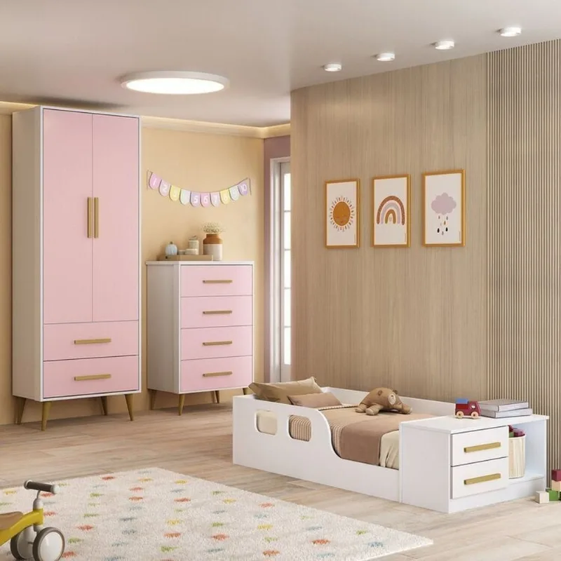 Quarto Infantil Completo com Guarda-Roupa, Cômoda e Cama Magia Espresso Móveis Rosa/Branco Branco/Rosa