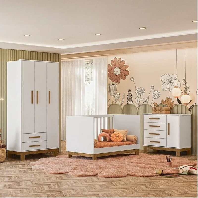 Quarto para Bebê Completo com Guarda-Roupa, Berço e Cômoda Slim Branco/Acetinado Branco Acetinado