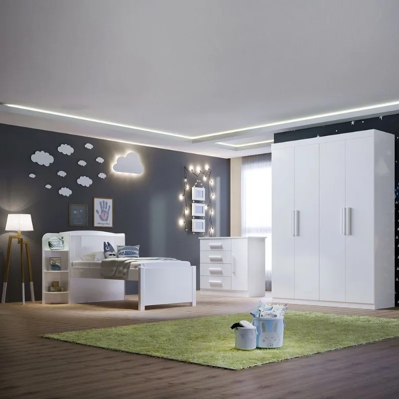 Quarto Infantil Completo com Guarda-Roupa Cama 100% MDF e Cômoda Angel Branco Branco
