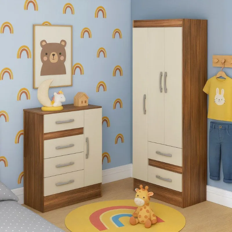 Quarto Infantil com Cômoda 4 Gavetas e 1 Porta Guarda-Roupa 3 Portas e 2 Gavetas Ninho Marrom/Casta Castanho/Off White