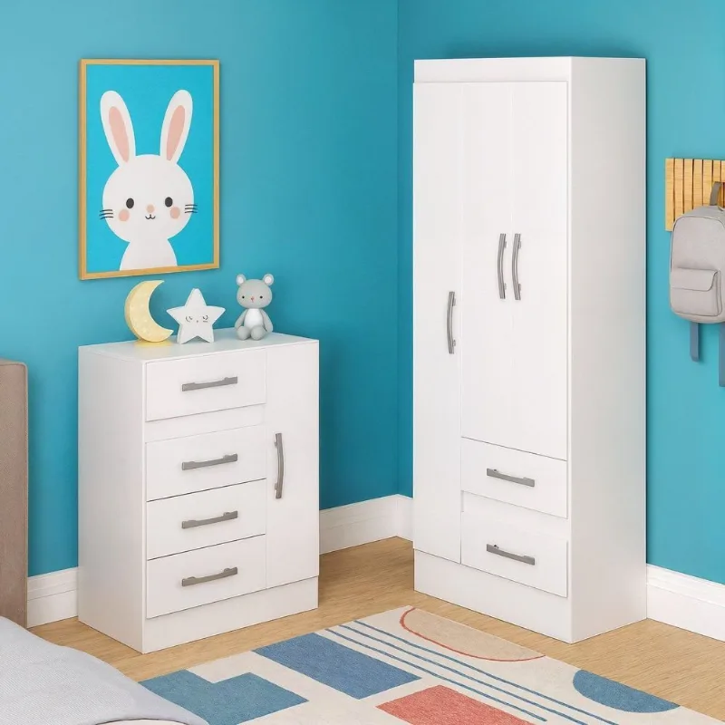 Quarto Infantil com Cômoda 4 Gavetas e 1 Porta Guarda-Roupa 3 Portas e 2 Gavetas Ninho Branco Branco