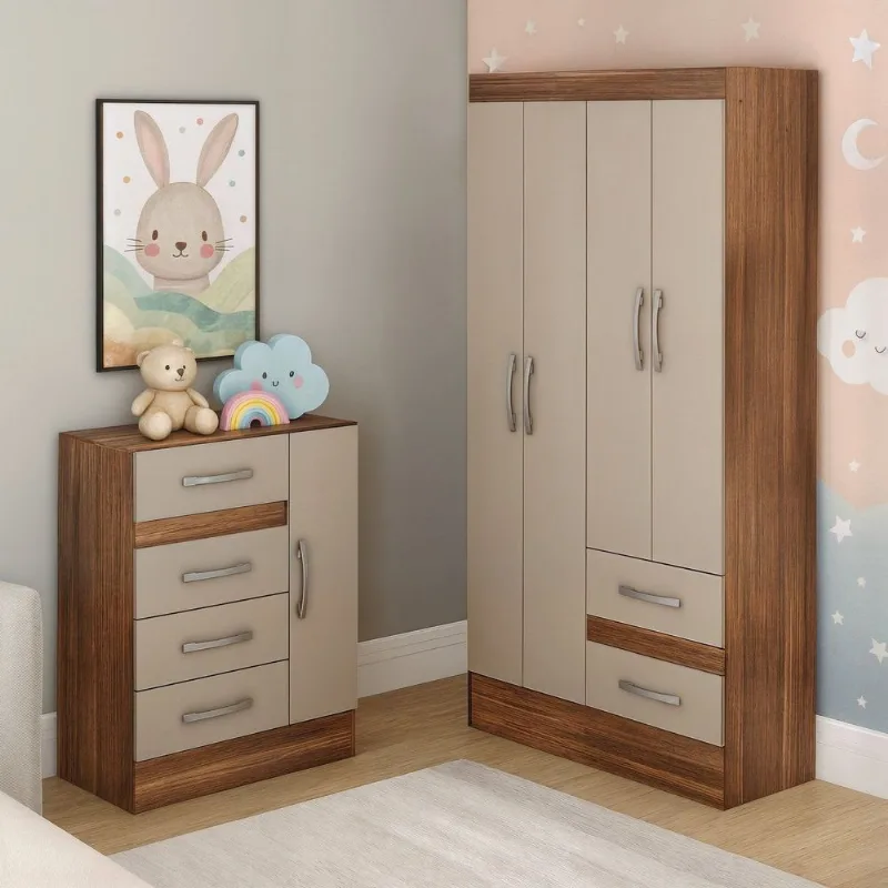 Quarto Infantil com Cômoda 4 Gavetas e 1 Porta Guarda-Roupa 4 Portas e 2 Gavetas Ninho Marrom/Casta Castanho/Off White