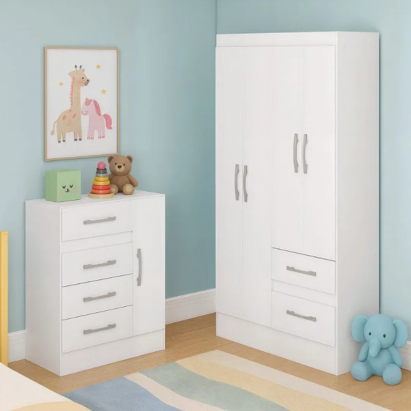 Quarto Infantil com Cômoda 4 Gavetas e 1 Porta Guarda-Roupa 4 Portas e 2 Gavetas Ninho Branco Branco