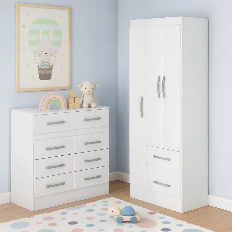 Quarto Infantil com Cômoda 8 Gavetas e Guarda-Roupa 3 Portas e 2 Gavetas Ninho Branco Branco