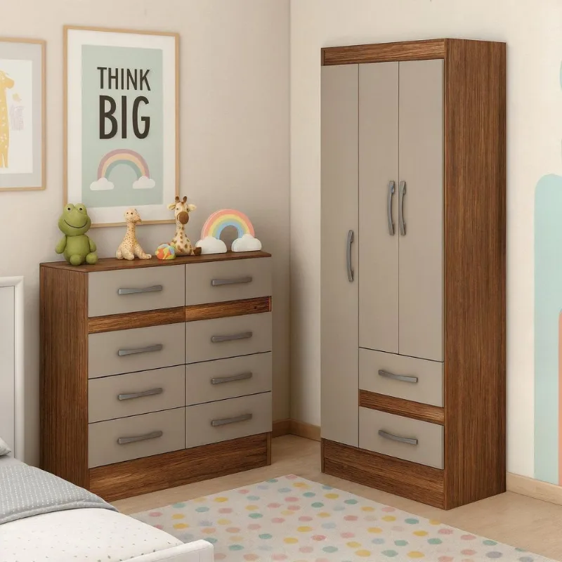 Quarto Infantil com Cômoda 8 Gavetas e Guarda-Roupa 3 Portas e 2 Gavetas Ninho Marrom/Castanho/Off Castanho/Off White