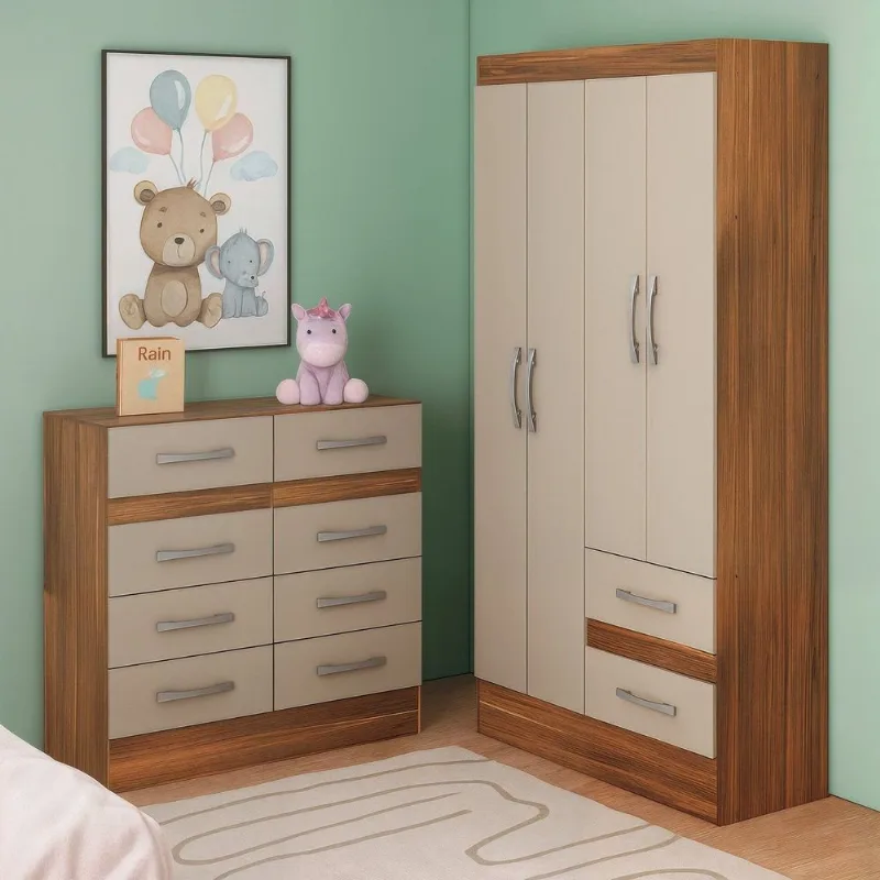Quarto Infantil com Cômoda 8 Gavetas e Guarda-Roupa 4 Portas e 2 Gavetas Ninho Marrom/Castanho/Off Castanho/Off White
