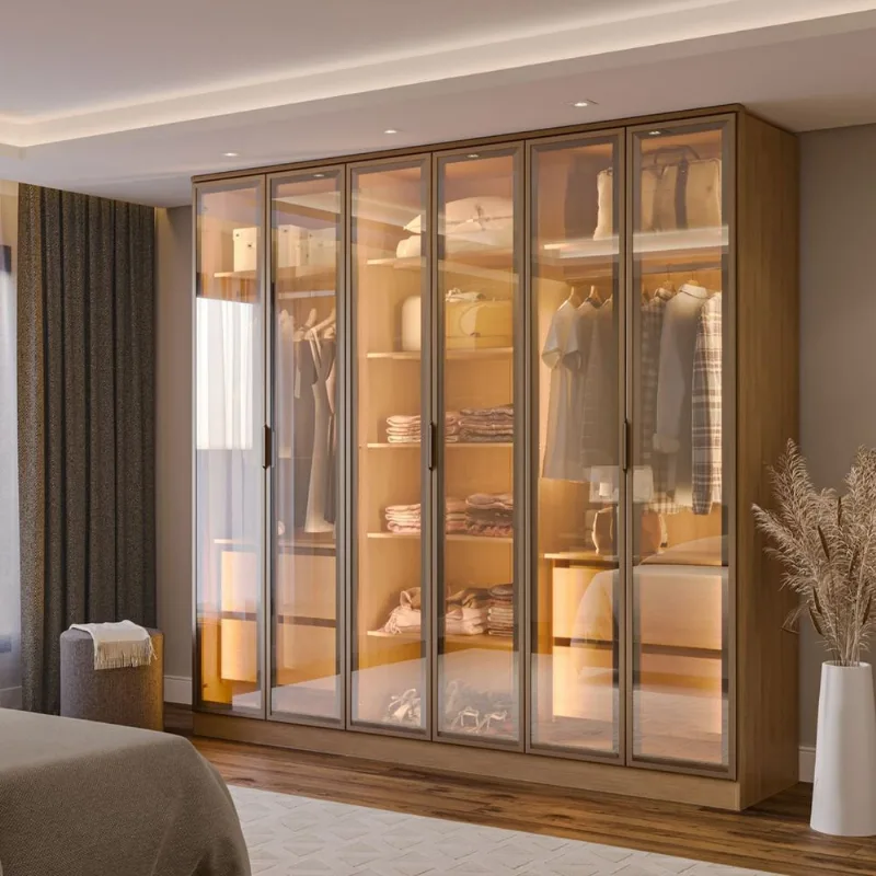 Guarda-Roupa Planejado 6 Portas Reflecta com LED 100% MDF Orion CabeCasa MadeiraOriginals Marrom/Olmo Olmo/Reflecta