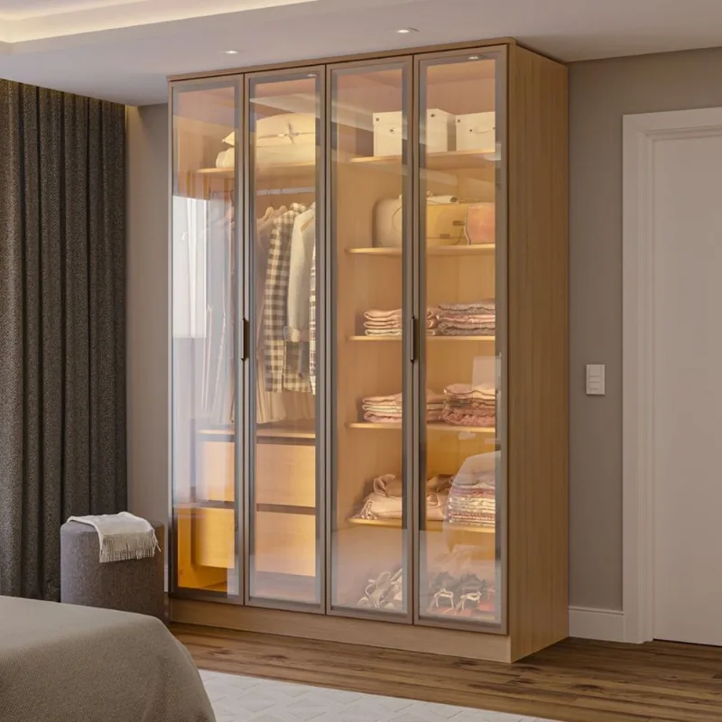 Guarda-Roupa Planejado 4 Portas Reflecta com LED 100% MDF Orion CabeCasa MadeiraOriginals Marrom/Olmo Olmo/Reflecta