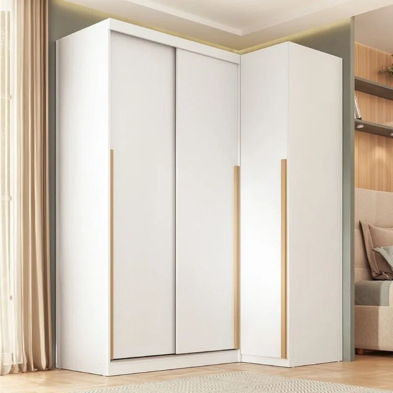 Guarda-Roupa Planejado de Canto 2 Peças 3 Portas com 2 Portas de Correr Jade CabeCasa MadeiraOriginals Branco/Fosco Branco Fosco