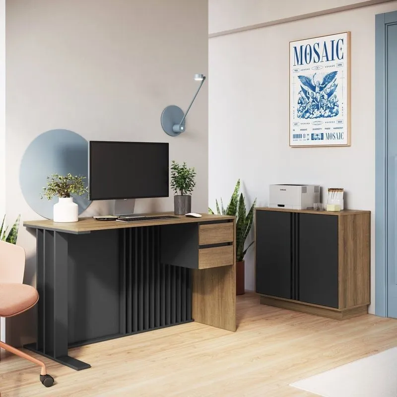 Conjunto De Escritório Com 2 Peças Mesa Com Gavetas E Balcão 2 Portas Cj8080