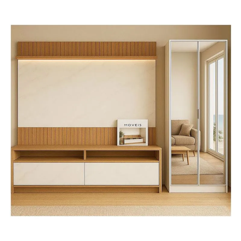 Estante Home Para Tv 70 Polegadas 180cmx180cm Ripado Com Led E Armário 2 Portas Espelhado Rio Freijó Ripado / Branco
