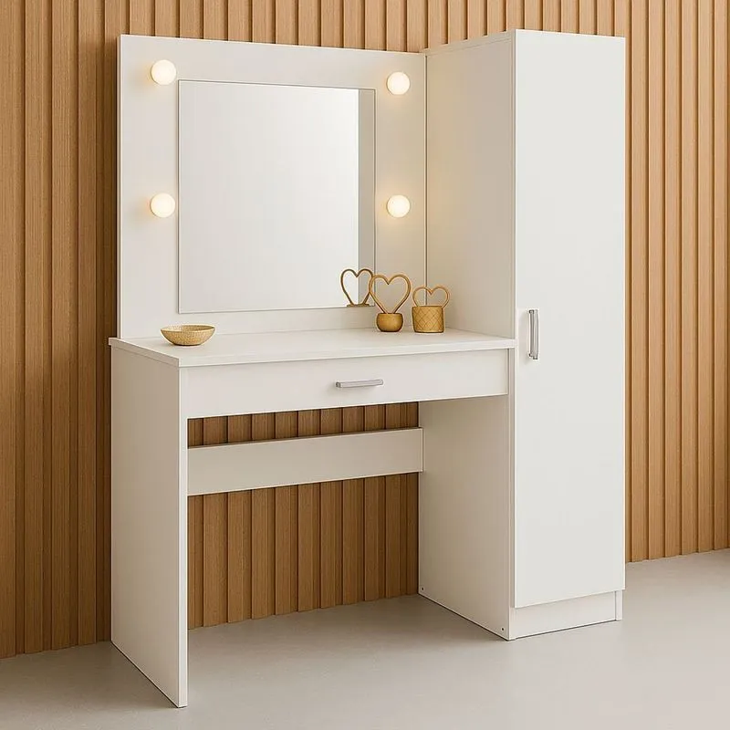 Penteadeira Camarim Com Espelho E Iluminação 1 Porta E 1 Gaveta Branco Branco