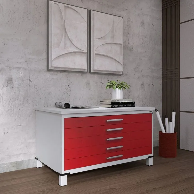 Mapoteca Mont 5 Gavetas 71,3cm X 120,4cm Aço Vermelho E Cinza Cinza/vermelho