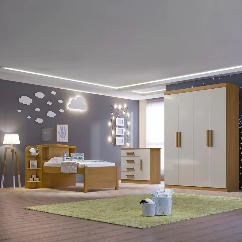 Quarto Infantil Completo com Guarda-Roupa Cama 100% MDF e Cômoda Angel Marrom/Cinamomo/Off White Cinamomo / Off White