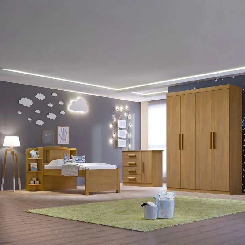 Quarto Infantil Completo com Guarda-Roupa Cama 100% MDF e Cômoda Angel Marrom/Cinamomo Cinamomo