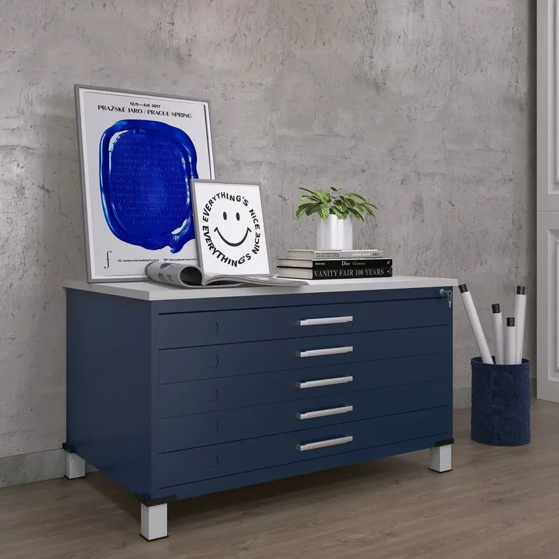 Mapoteca Mont 5 Gavetas 71,3cm X 120,4cm Aço Azul E Cinza Azul Delrei/cinza