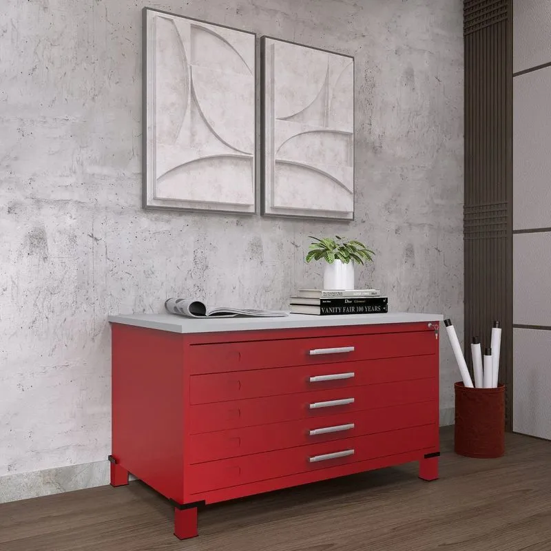 Mapoteca Mont 5 Gavetas 71,3cm X 120,4cm Aço Vermelho E Cinza Vermelho/cinza
