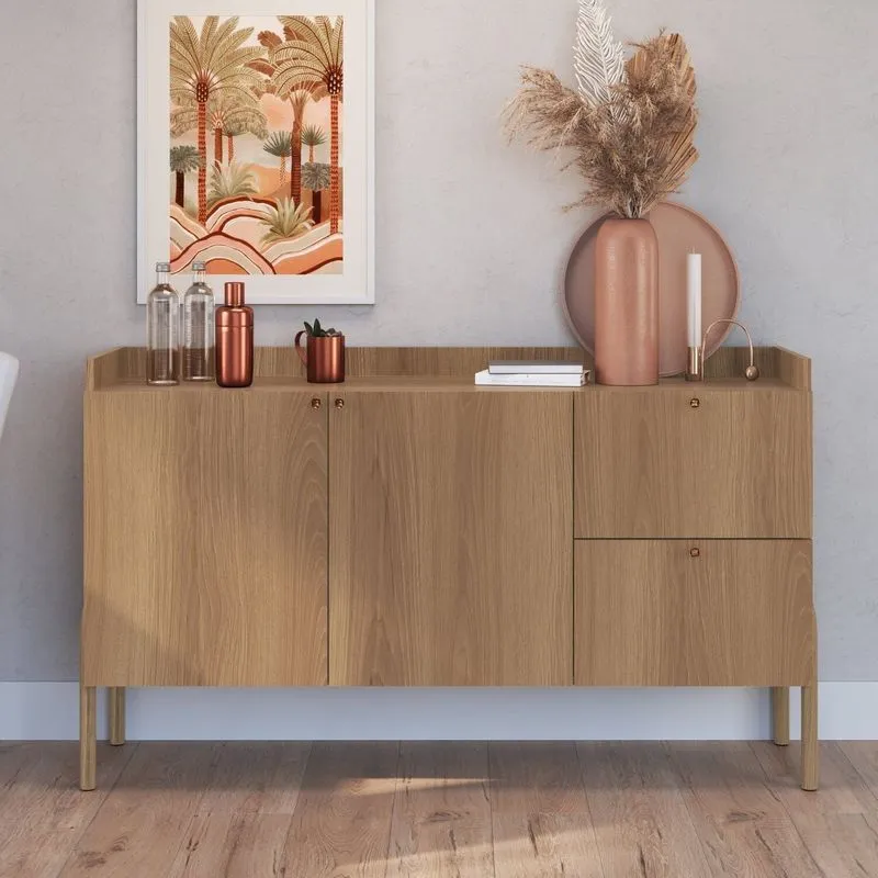 Balcão Buffet 2 Portas 2 Gavetas 139cm Pé Madeira Artesano Oslo Marrom/hanover Hanover