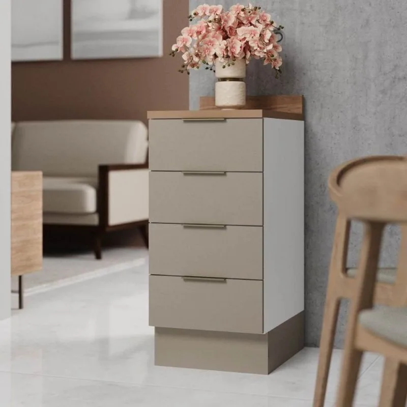 Balcão Planejado 4 Gavetas 40cm com Tampo com Rodapé Ipanema CabeCasa MadeiraOriginals Branco/Fend Fendi Trama/Branco