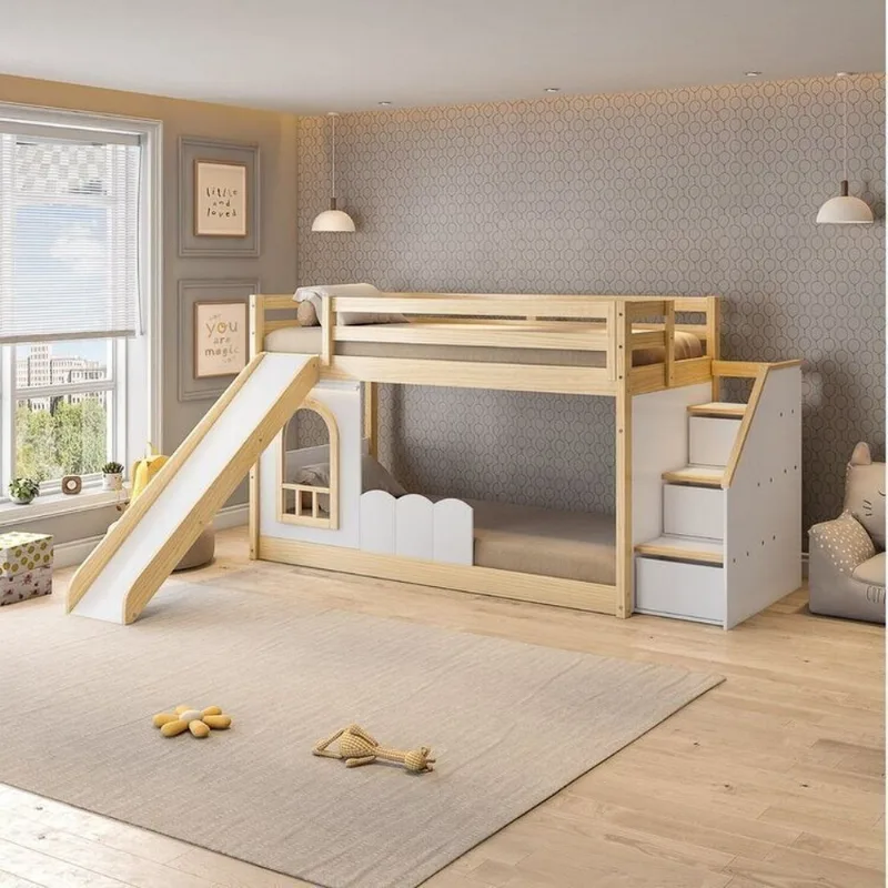 Beliche Montessoriana com Escada Lateral, LED e Escorregador New Garden Casatema Ma Natural/Branco