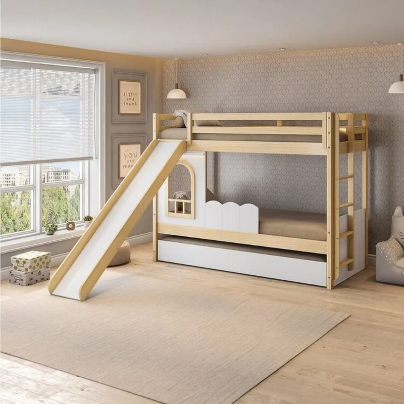 Treliche Infantil com Janela, Escorregador e LED New Garden Casatema Marrom/Branco Natural/Branco