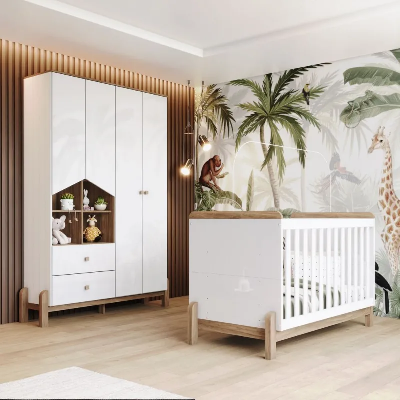 Conjunto Quarto de Bebê com Berço Mini Cama 2 em 1+ Guarda-Roupa com Nichos Decorativos Branco/Jequitibá HP Ternura Branco/Jequitibá