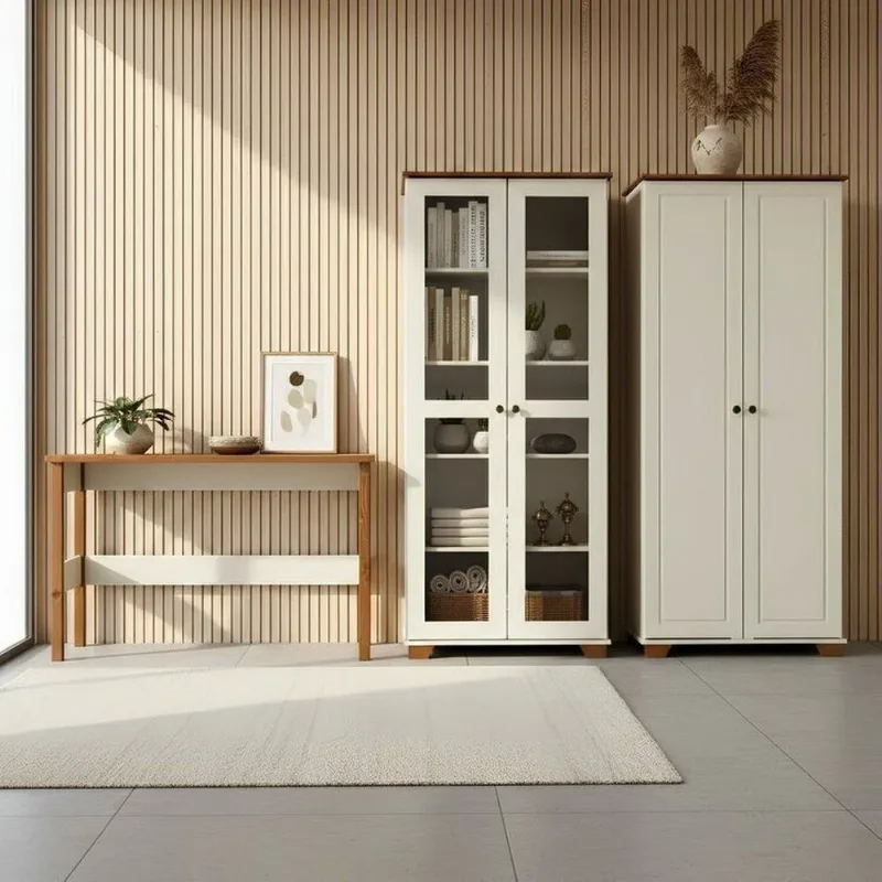 Conjunto 3 Peças Escrivaninha 120cm e 2 Armários Multiuso Madeira Maciça Ananda CabeCasa MadeiraO Off White/Mel