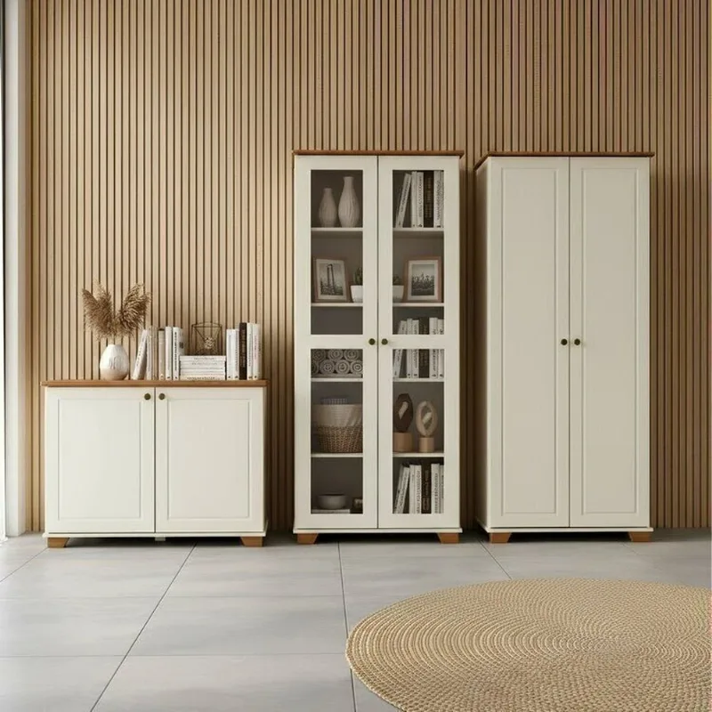 Conjunto 3 Peças Armários Multiuso com Tampo e Pés em Madeira Maciça Ananda CabeCasa MadeiraOrig Off White/Mel