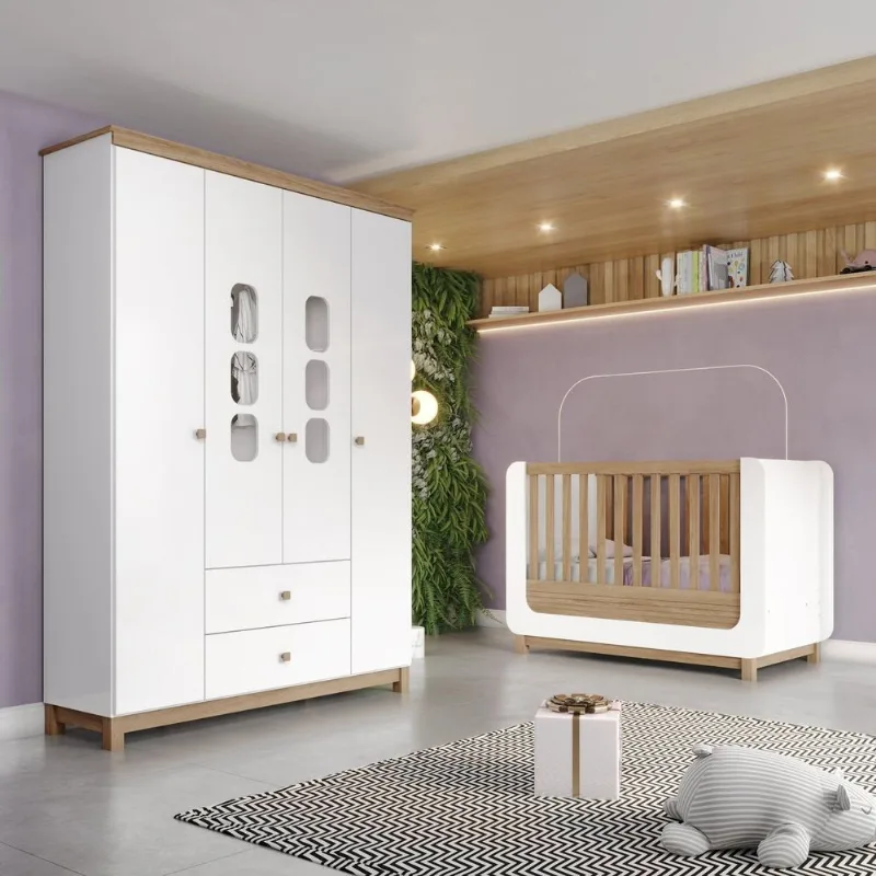 Conjunto Quarto de Bebê Berço Mini cama 2 em 1 com Canto Arredondados + Guarda-Roupa com Frente em MDF Branco Jequitibá HP Aconchego Branco/Jequitibá