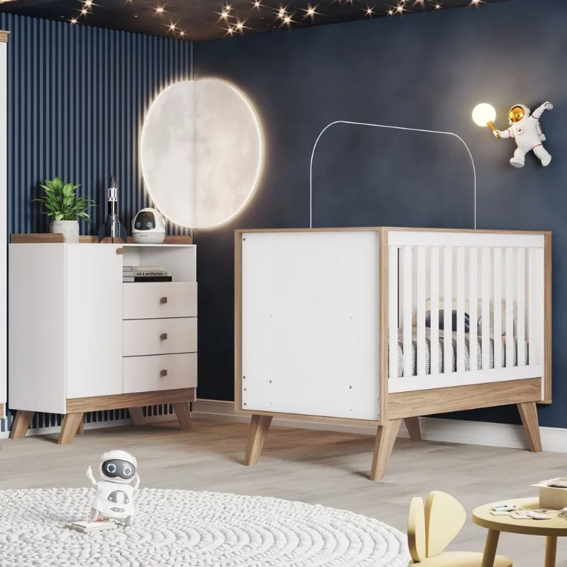 Conjunto Quarto de Bebê com Berço Mini Cama 3 em 1 + Cômoda com Nicho Decorativo Branco/Jequitibá HP Retrô Confete Branco/Jequitibá